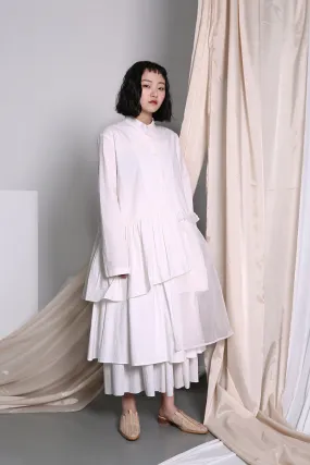 Original Shirt Hem Pleated Organza Stitching Asymmetric LONG Shirt