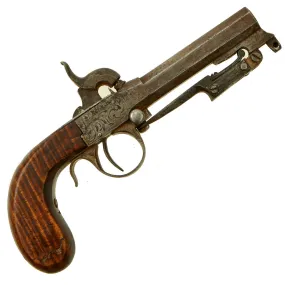 Original Victorian Era Belgian Pocket Percussion Pistol with Spring Loaded Bayonet - Circa 1840