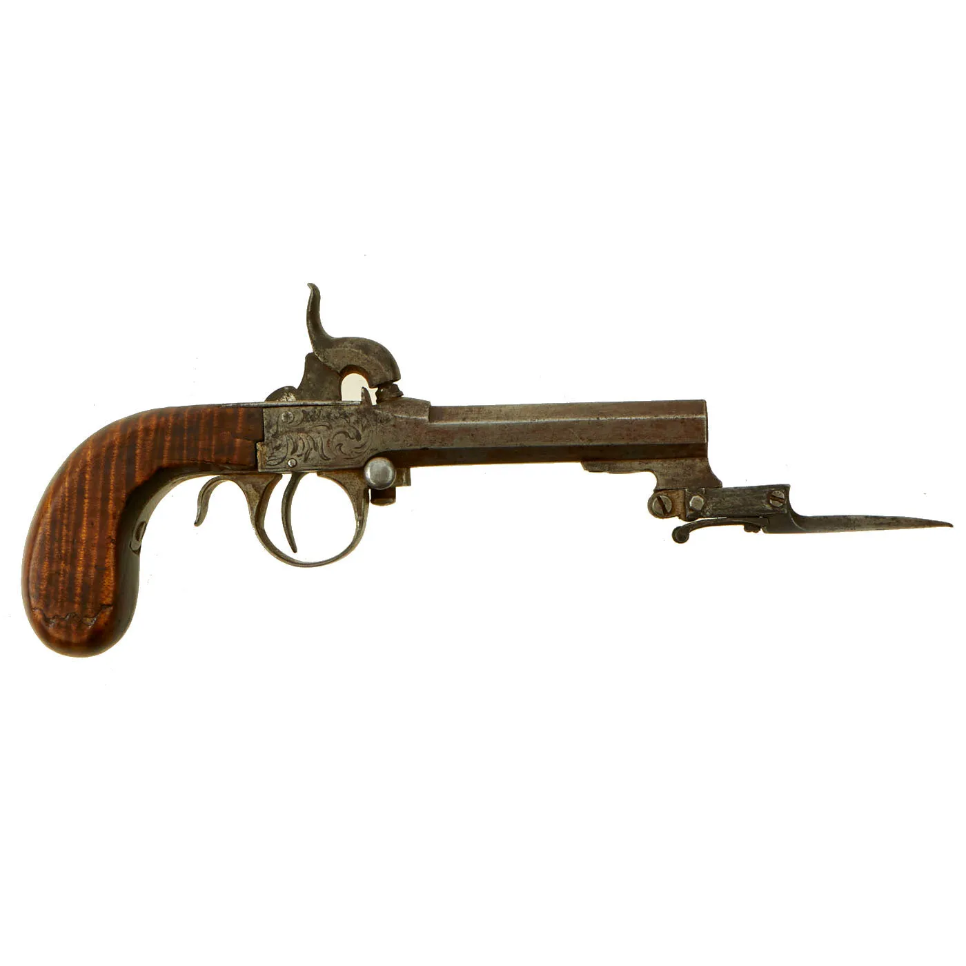 Original Victorian Era Belgian Pocket Percussion Pistol with Spring Loaded Bayonet - Circa 1840