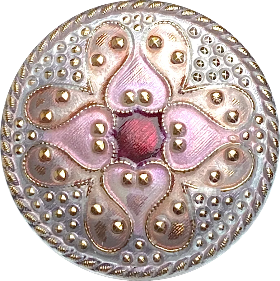 Pink/Gold Sacred Flower Handpainted Czech Lacy Glass 1-1/4", Susan Clarke #SC-513