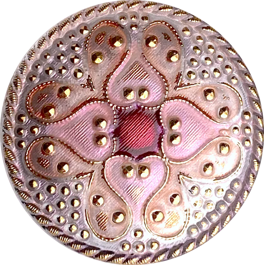 Pink/Gold Sacred Flower Handpainted Czech Lacy Glass 1-1/4", Susan Clarke #SC-513