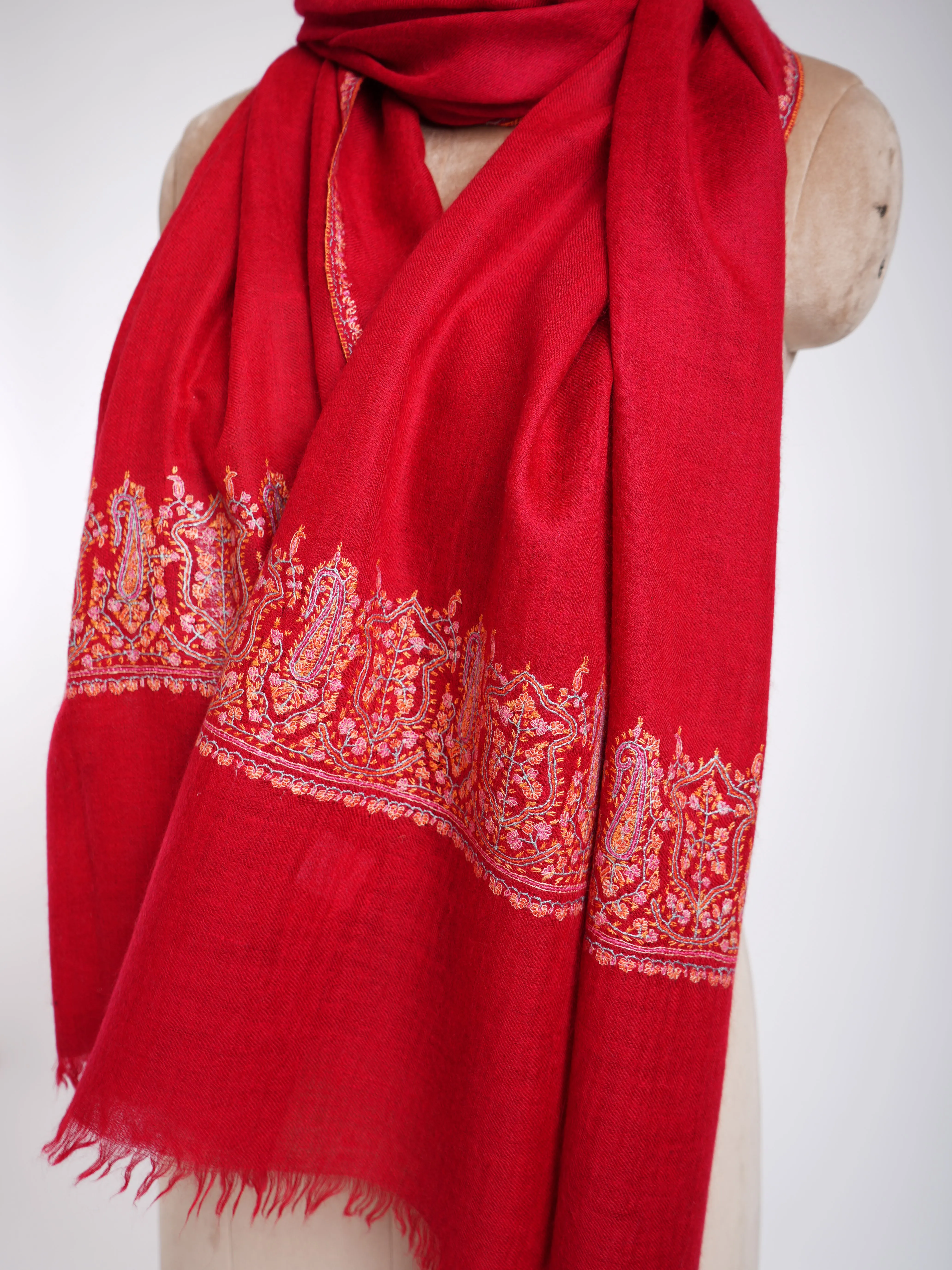 Red Embroidered Cashmere Scarf