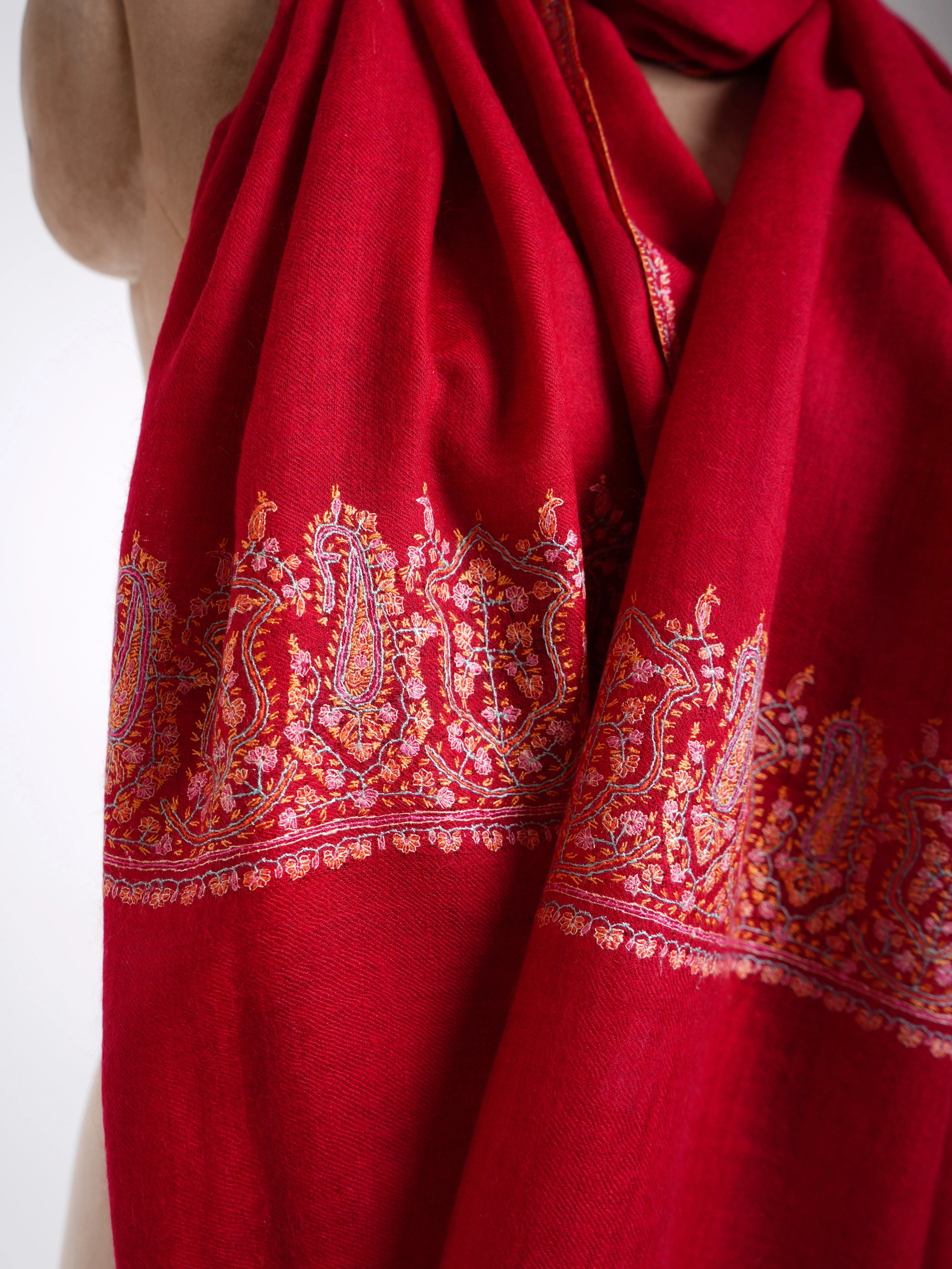 Red Embroidered Cashmere Scarf