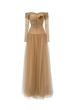 Rodrigo Gathered Stone Polyester Floor Length Dress