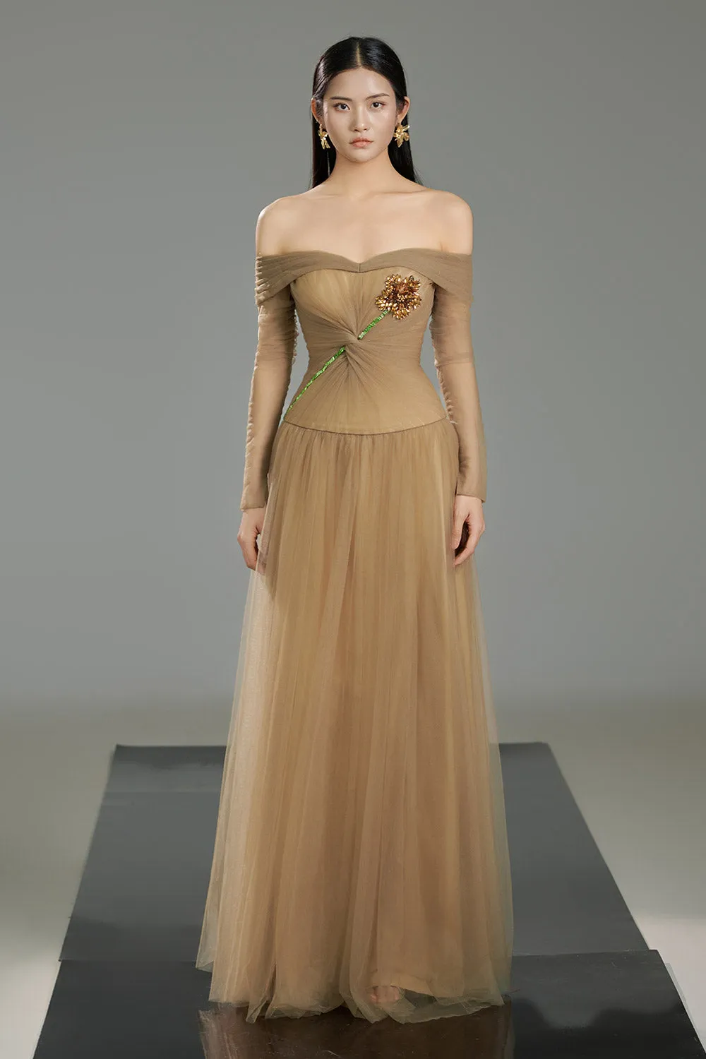 Rodrigo Gathered Stone Polyester Floor Length Dress