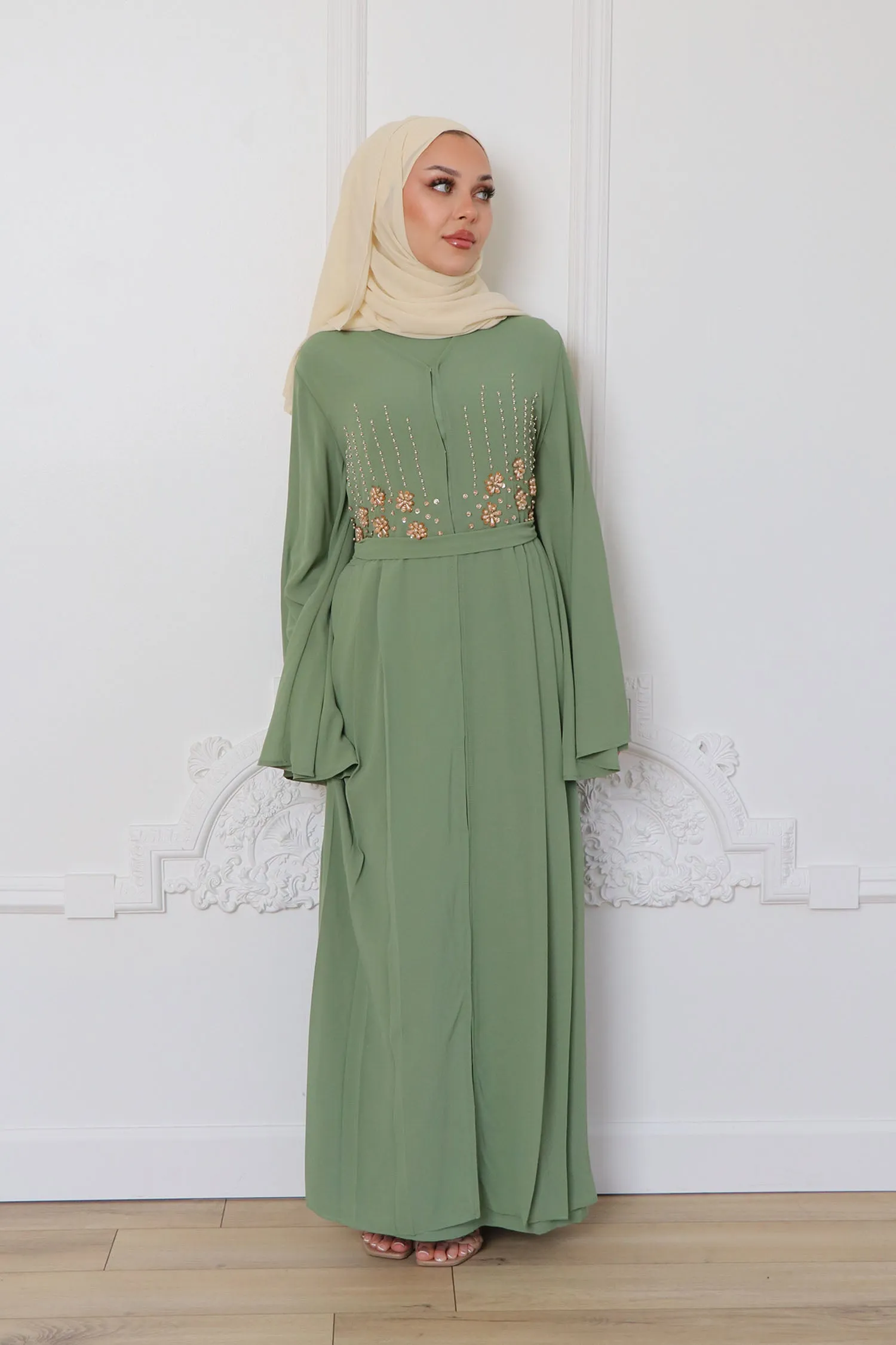 Rosalia Chiffon Layered Abaya - Matcha