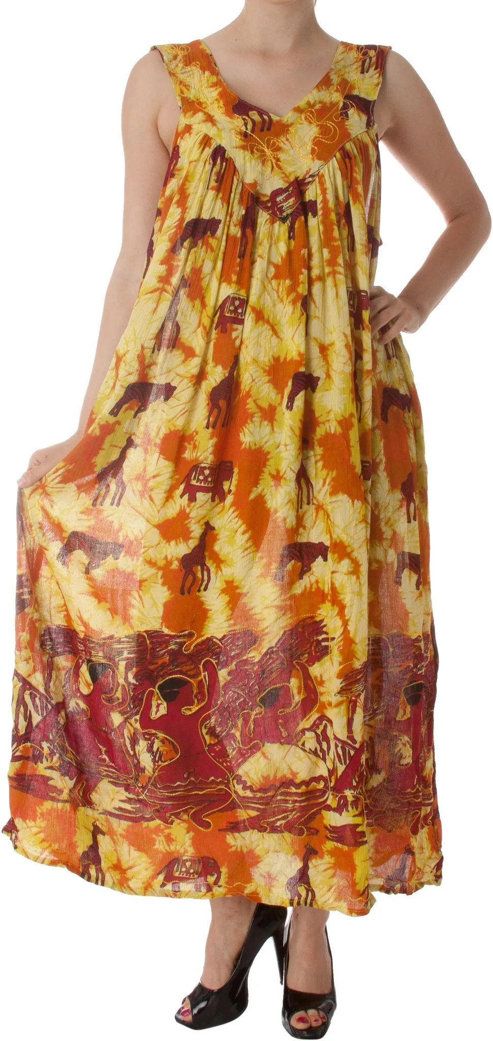 Safari Animal Print Gauzy Tie-Dye Casual Sleeveless Umbrella Maxi Dress