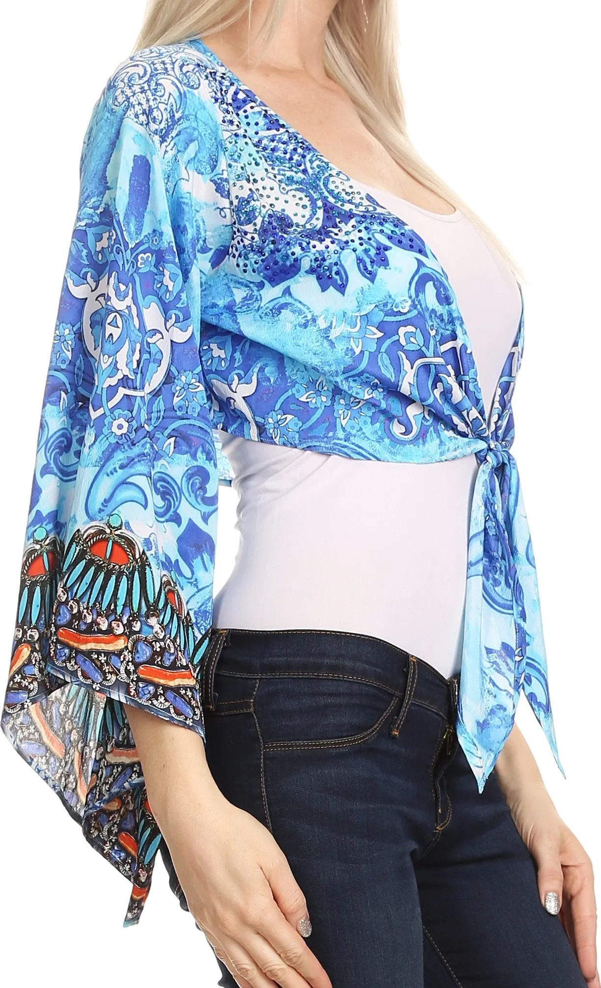 Sakkas Amita Printed Embellished Kaftan Front Tie Kimono Sleeve Crop Top Shrug