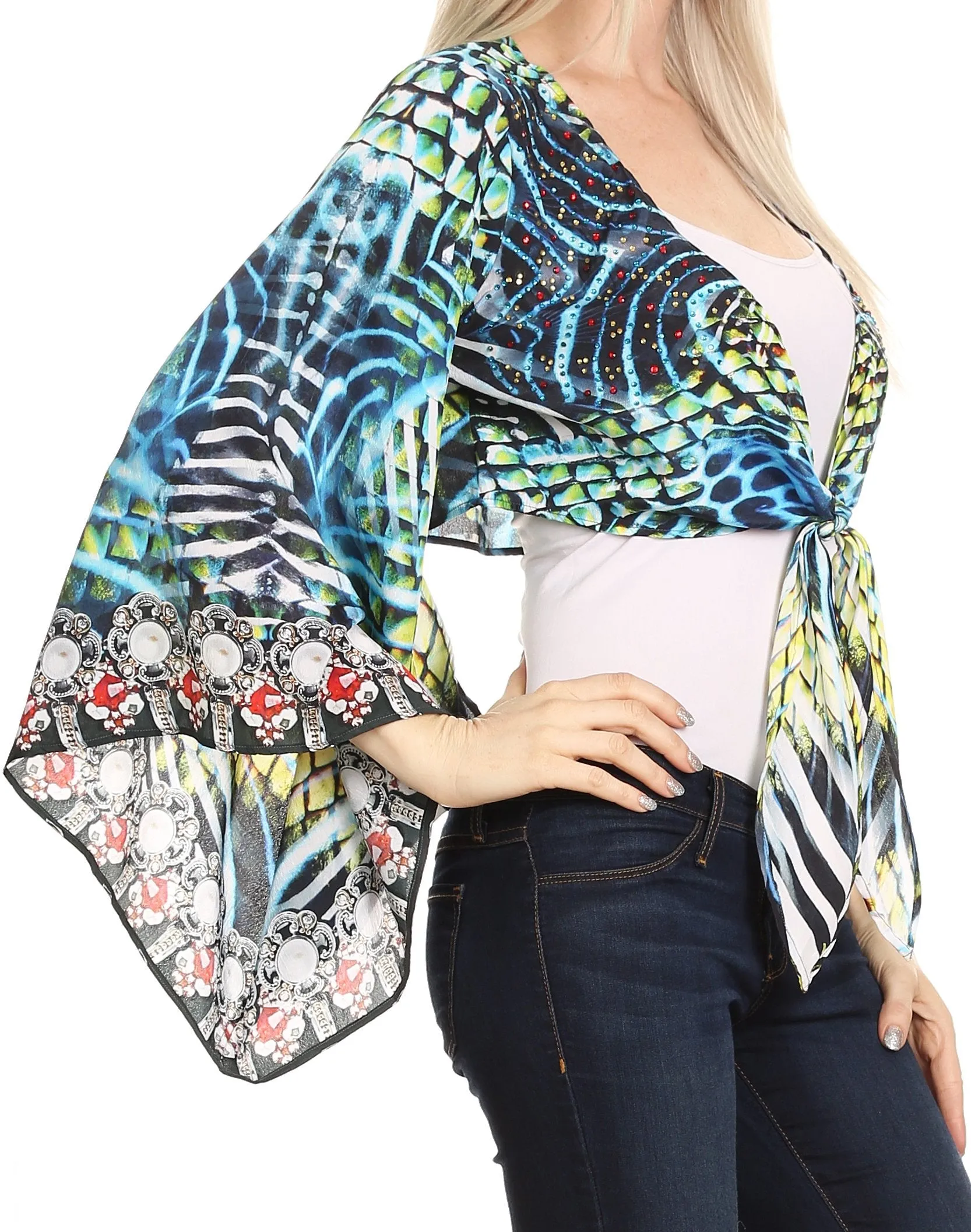 Sakkas Amita Printed Embellished Kaftan Front Tie Kimono Sleeve Crop Top Shrug