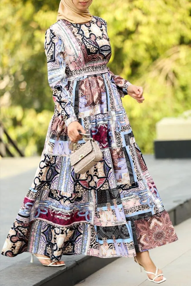 Salli Elegant Patchwork Print Maxi Dress with Long Sleeves