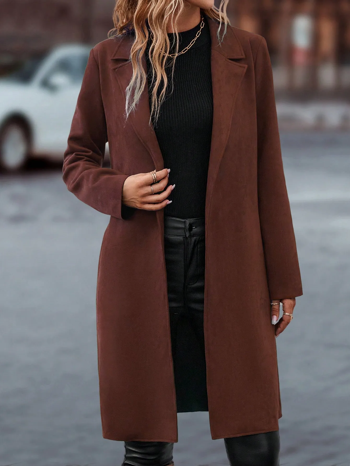 SHEIN LUNE Lapel Neck Slant Pockets Open Front Belted Coat