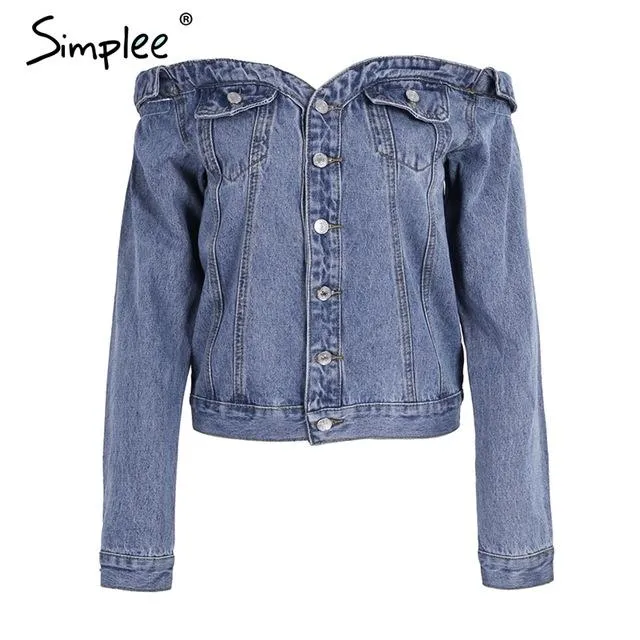 Simplee Sexy off shoulder denim jacket coat Women autumn casual slash neck jeans outerwear coat Female winter basic jackets