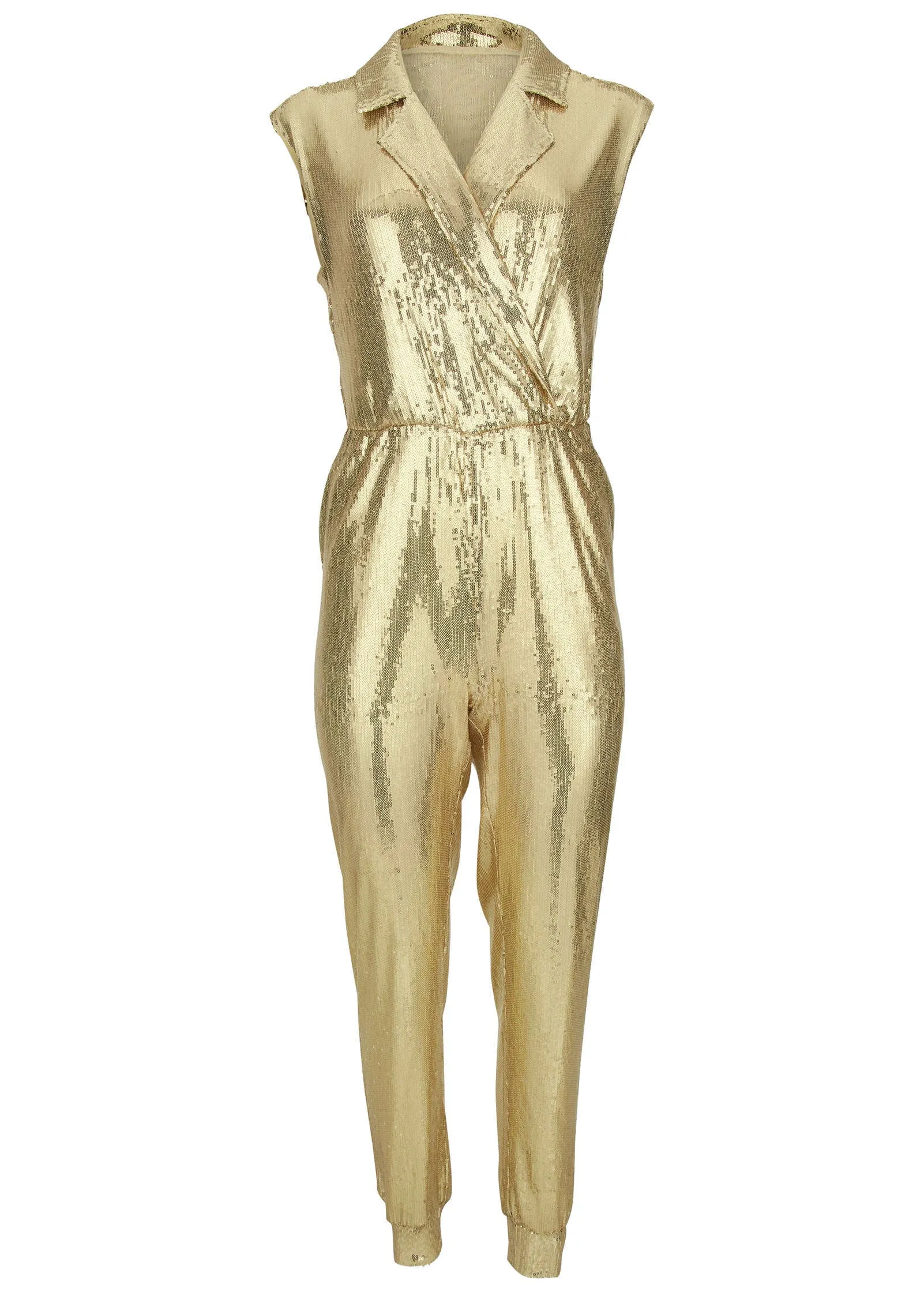 Sleeveless Sequin Jogger Jumpsuit - Gold