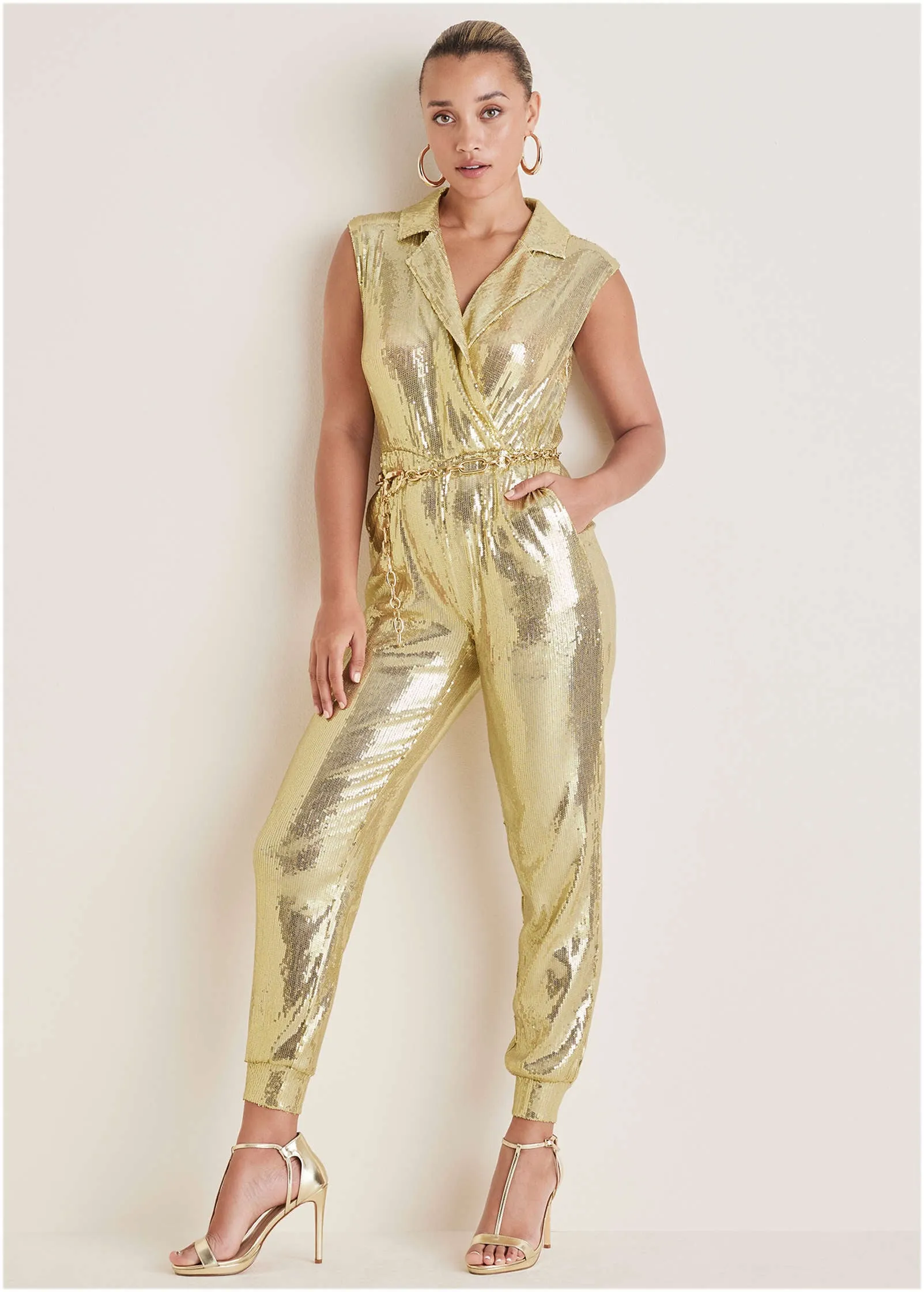 Sleeveless Sequin Jogger Jumpsuit - Gold