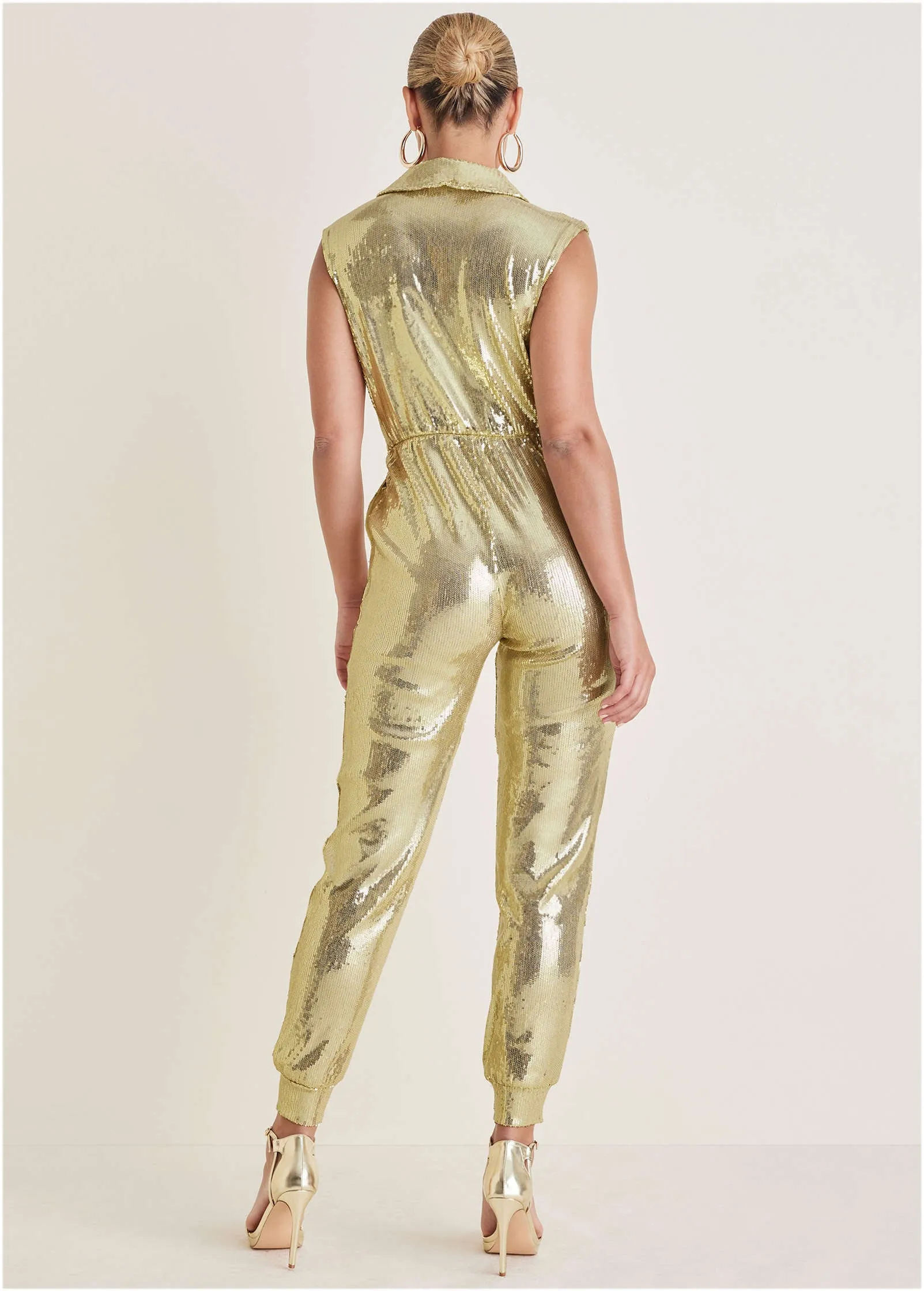 Sleeveless Sequin Jogger Jumpsuit - Gold