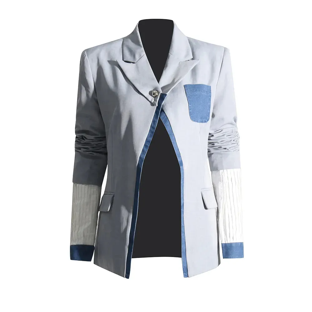 Spliced Denim Colorblock Chic Blazers For Women Notched Collar Long Sleeve Streetwear Casual Blazer Female Fashion