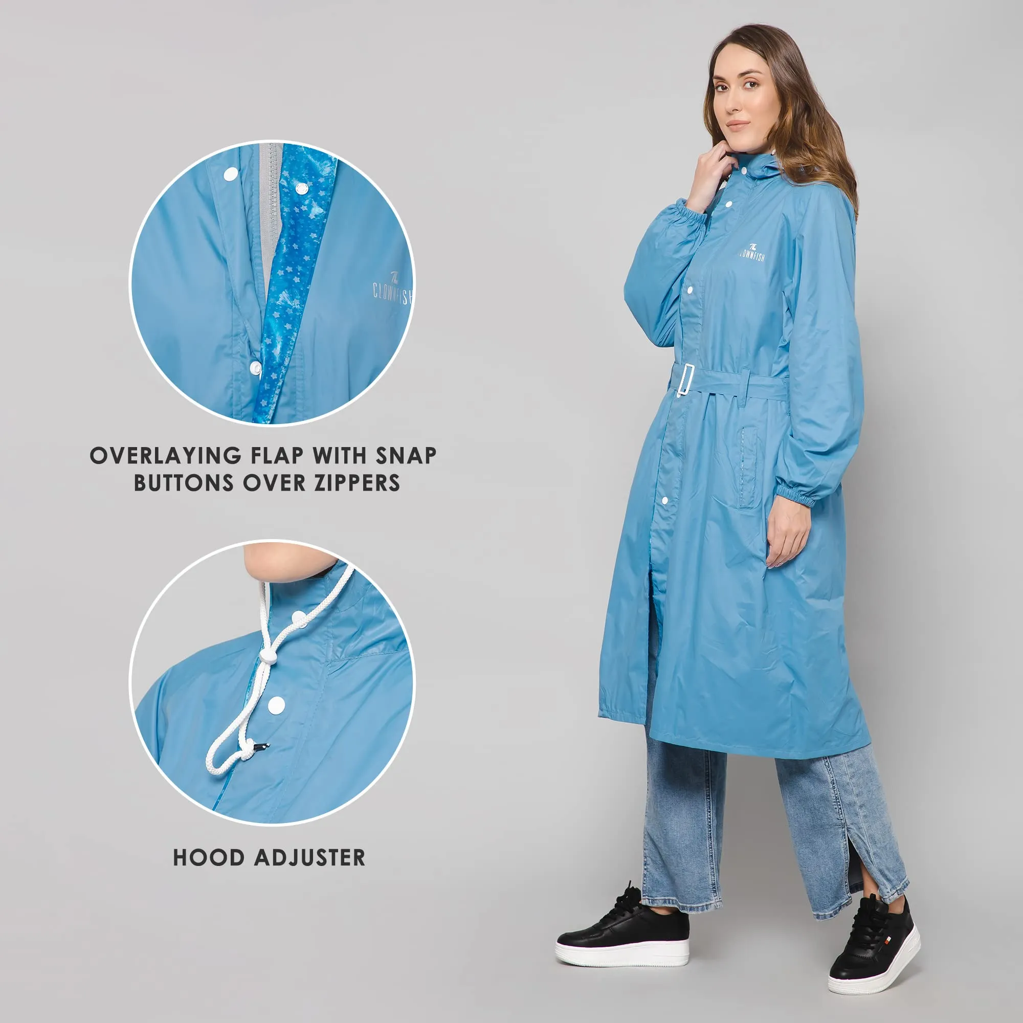 THE CLOWNFISH Polyester Raincoats For Women Rain Coat For Women Longcoat Raincoat For Ladies Waterproof Reversible Double Layer. Aquashield Series (Skyblue, Xx-Large)