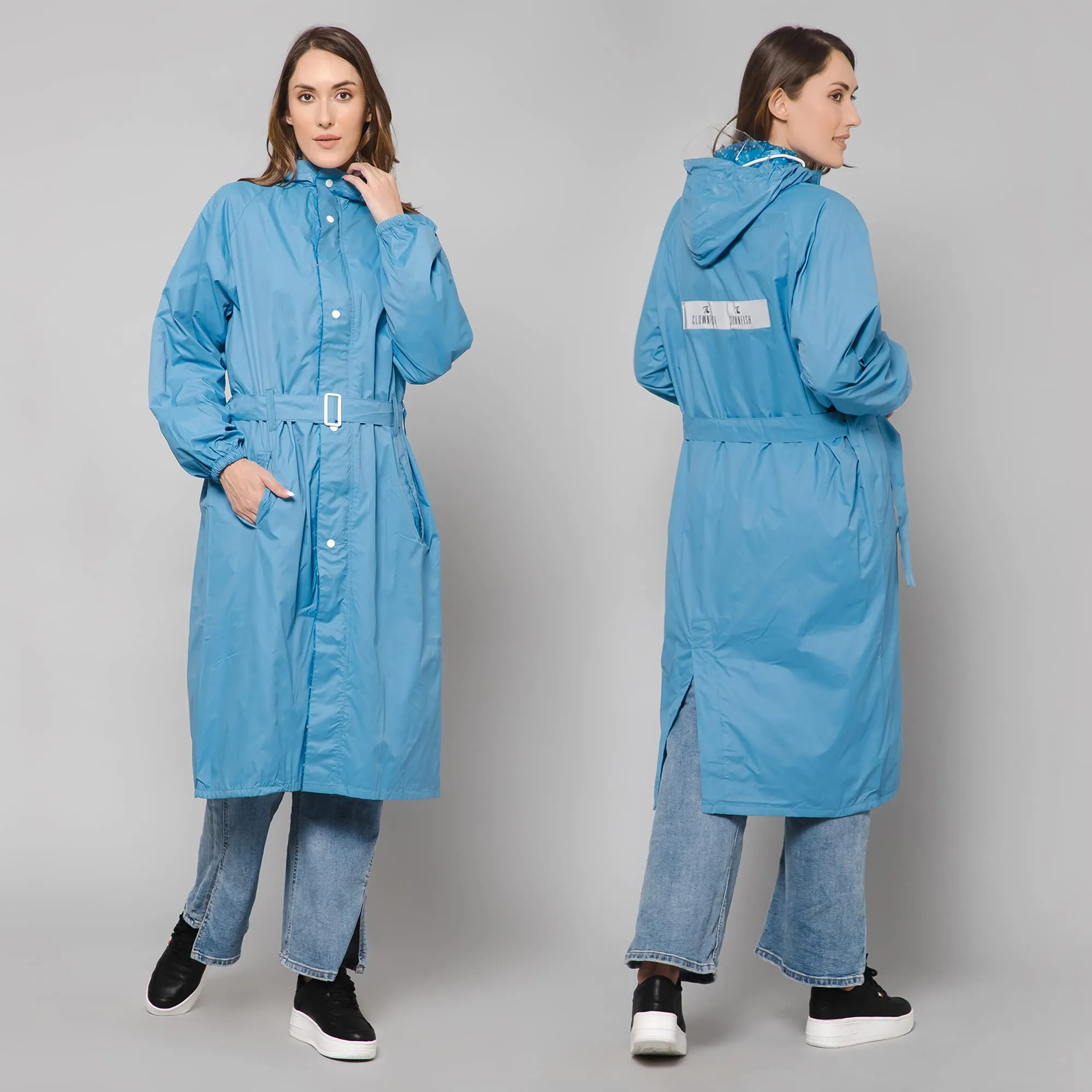 THE CLOWNFISH Polyester Raincoats For Women Rain Coat For Women Longcoat Raincoat For Ladies Waterproof Reversible Double Layer. Aquashield Series (Skyblue, Xx-Large)