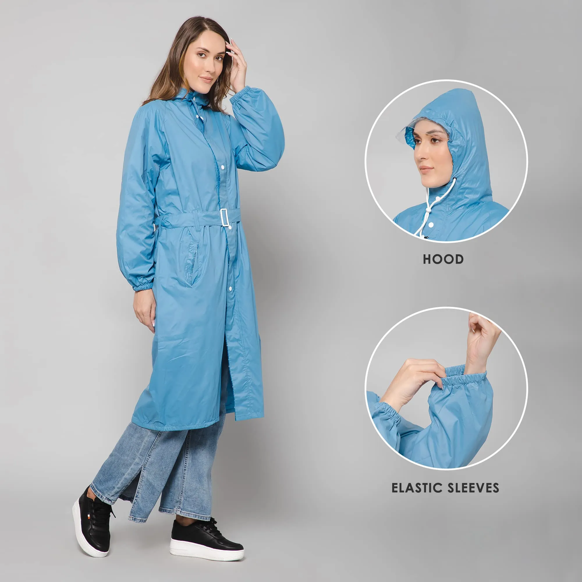 THE CLOWNFISH Polyester Raincoats For Women Rain Coat For Women Longcoat Raincoat For Ladies Waterproof Reversible Double Layer. Aquashield Series (Skyblue, Xx-Large)