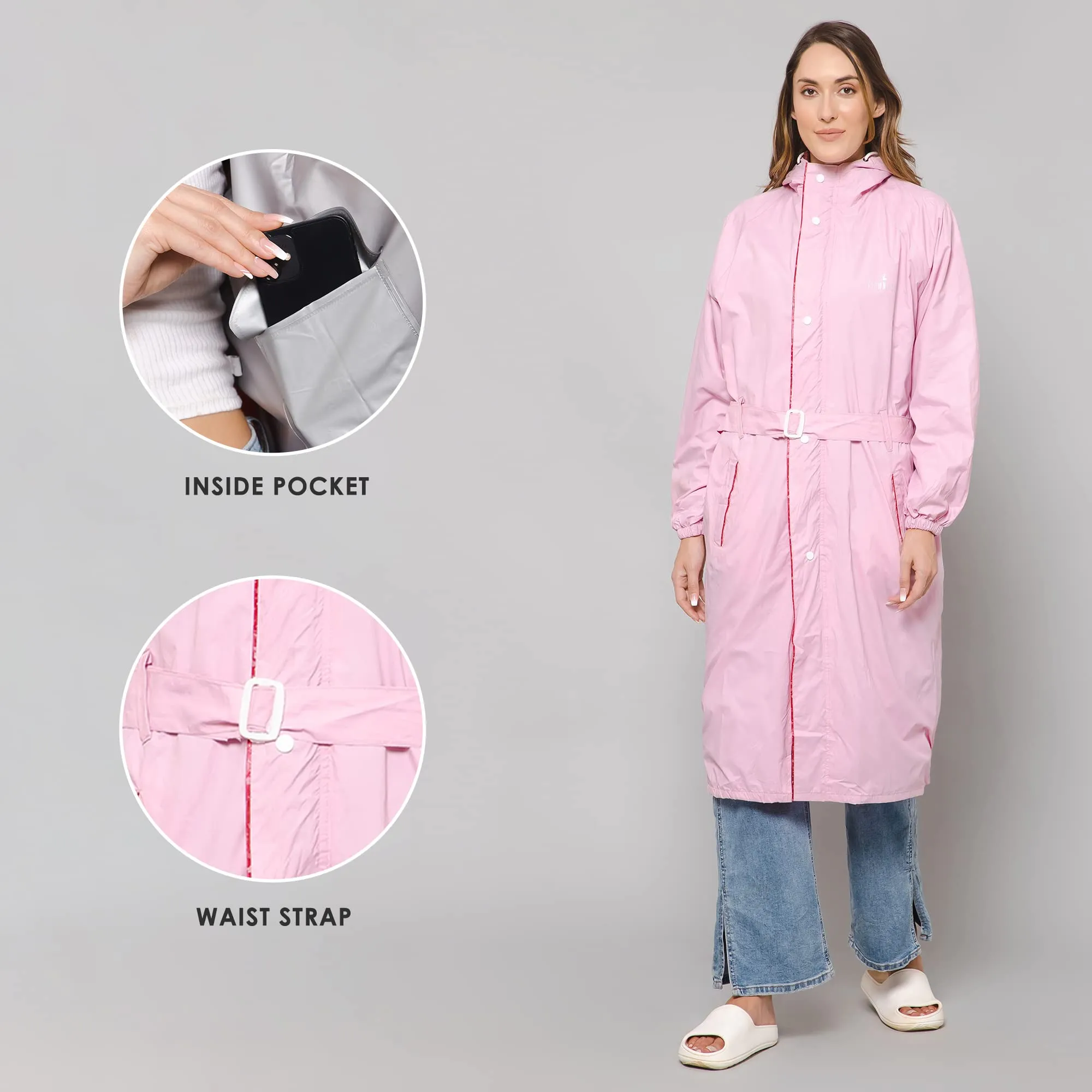 THE CLOWNFISH Polyester Women's Raincoat | Waterproof And Reversible | Lightweight Packable Long Coat - Aquashield Series - Baby Pink (X Large)