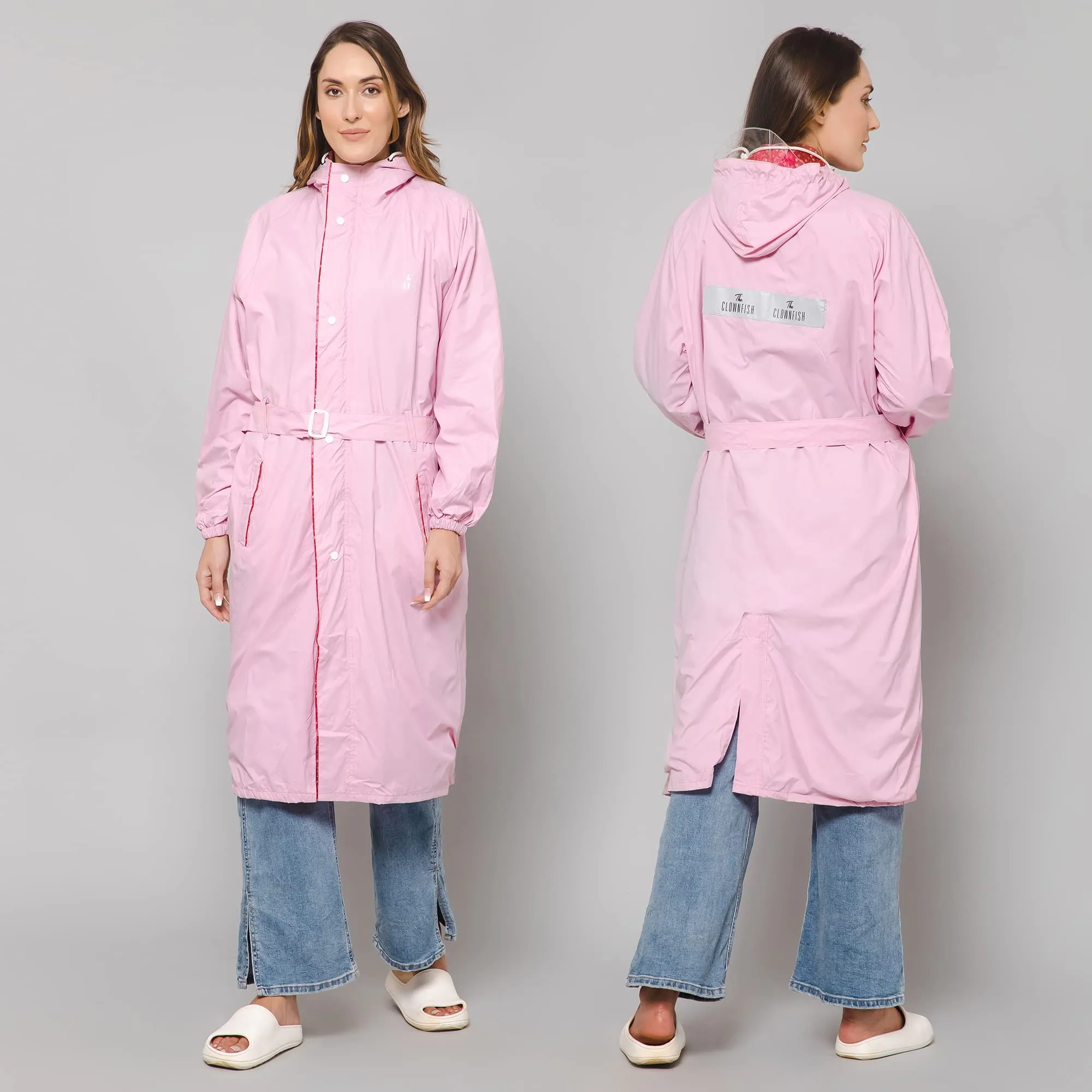 THE CLOWNFISH Polyester Women's Raincoat | Waterproof And Reversible | Lightweight Packable Long Coat - Aquashield Series - Baby Pink (X Large)