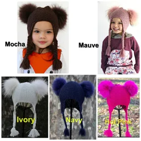 Toddlers and Kids Double Fur Pom Knit Braids Hat-  5 Color Choices