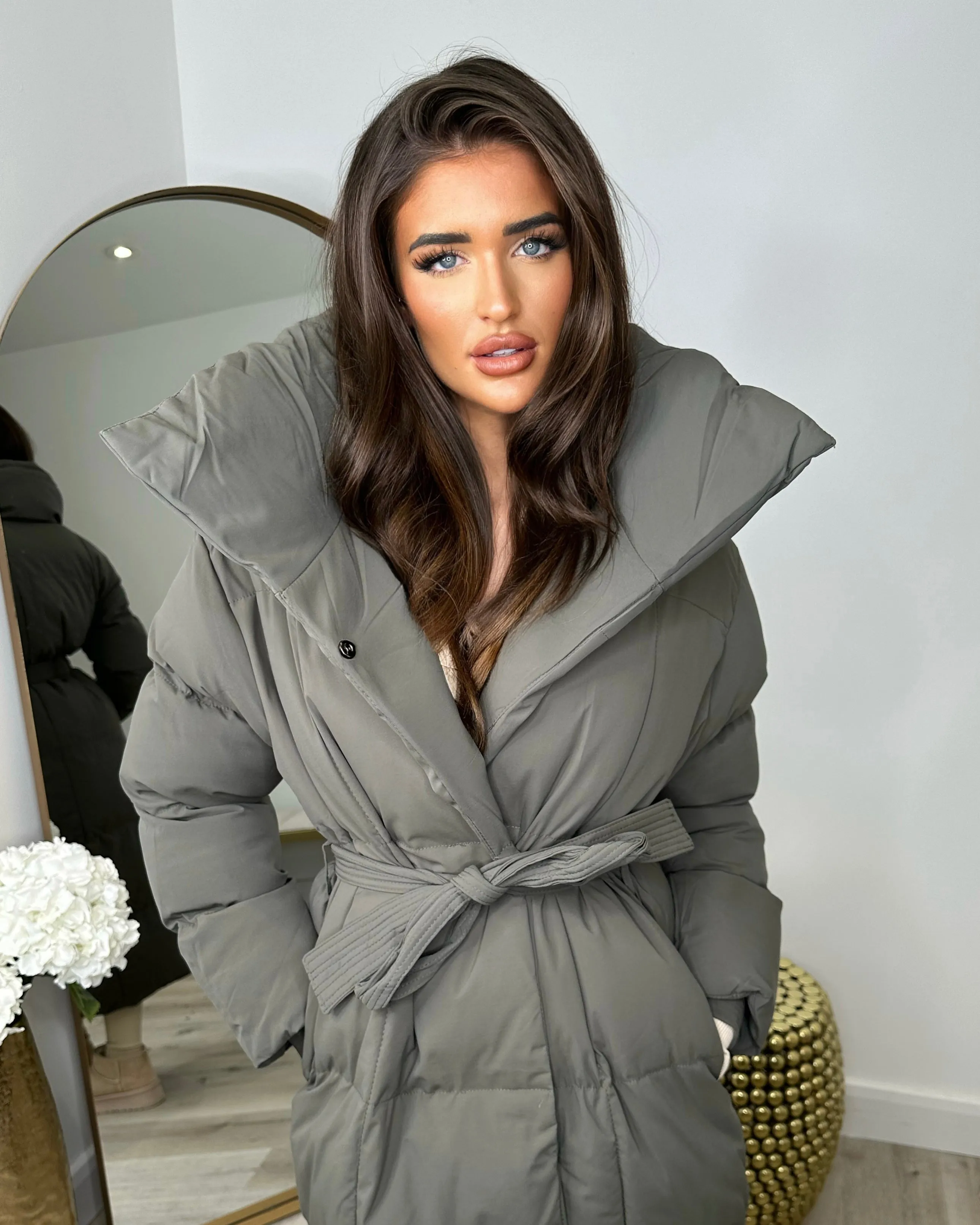 Trisha Long Padded Duvet Trench Coat - Grey