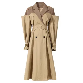 Two Color Knot Collar Trench Coat Women Mid Length Knee Autumn Design Waist Trimming Coat