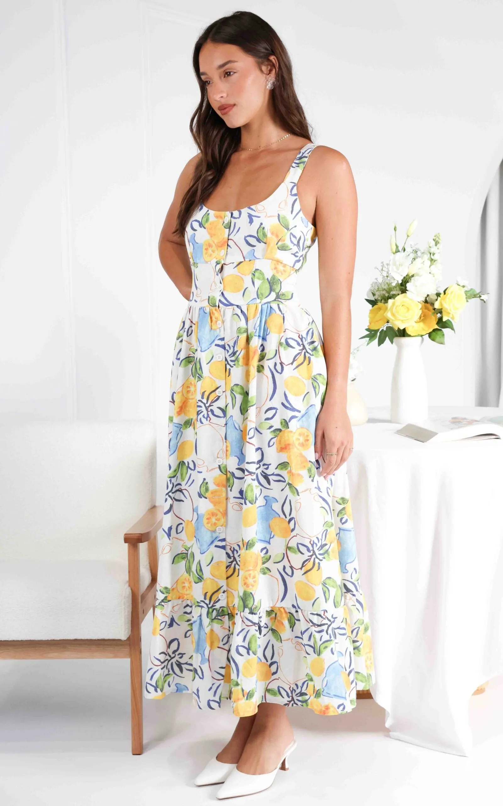 Vanderla Maxi Dress - White Lemon Print