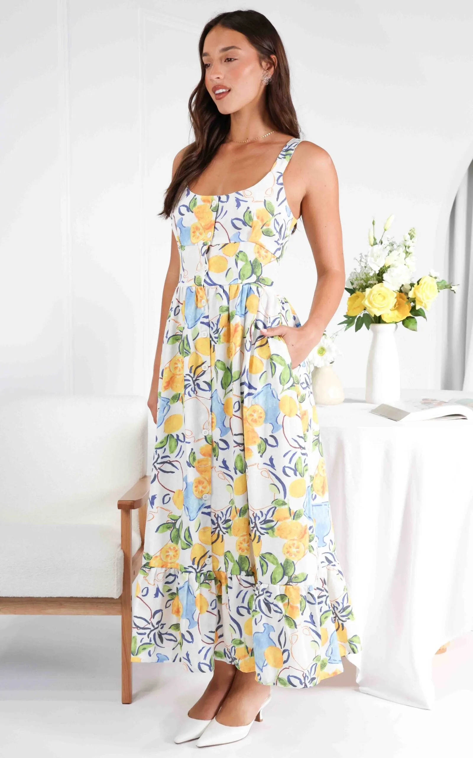 Vanderla Maxi Dress - White Lemon Print