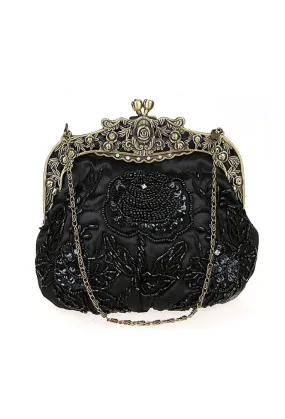 Vintage Victorian Beaded Satin Evening Purse - Black