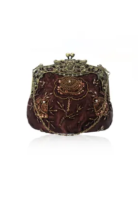 Vintage Victorian Beaded Satin Evening Purse - Chocolate Brown