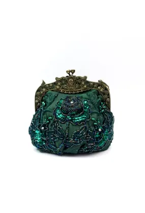 Vintage Victorian Beaded Satin Evening Purse - Emerald Green