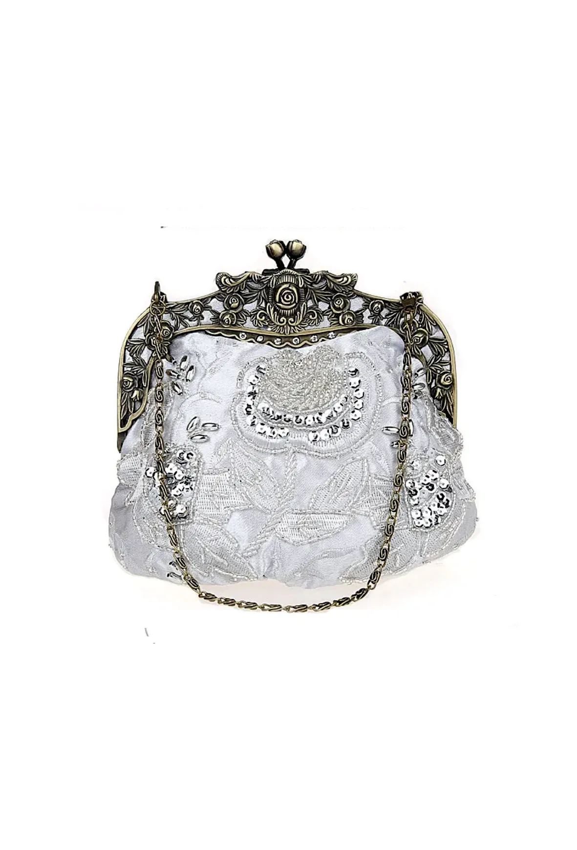 Vintage Victorian Beaded Satin Evening Purse - Light Silver