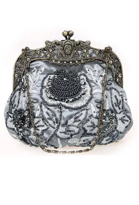 Vintage Victorian Beaded Satin Evening Purse - Sterling Silver