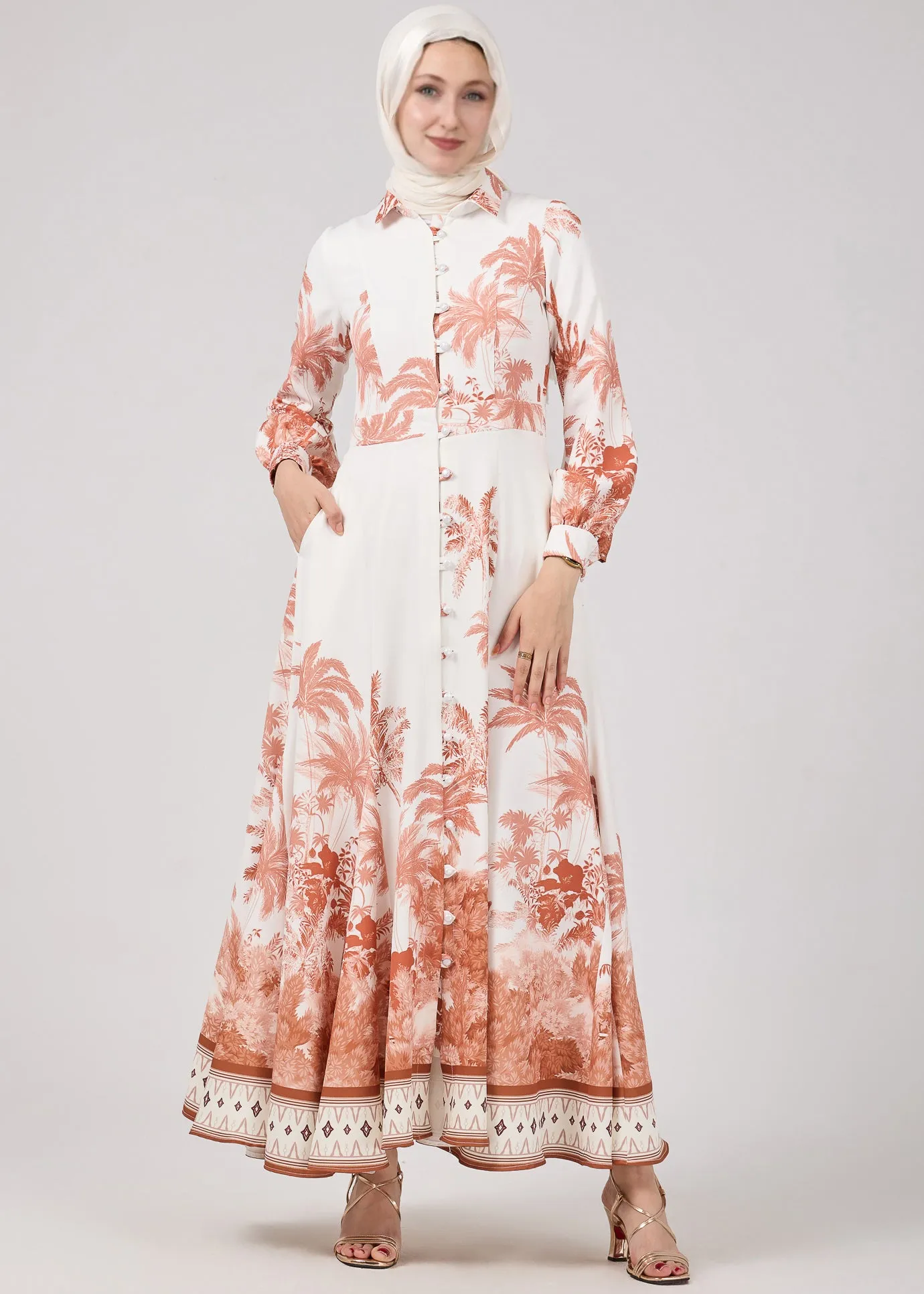 Walaa Serafina Vintage-Inspired Desert Palm Print Button-Down Maxi Dress