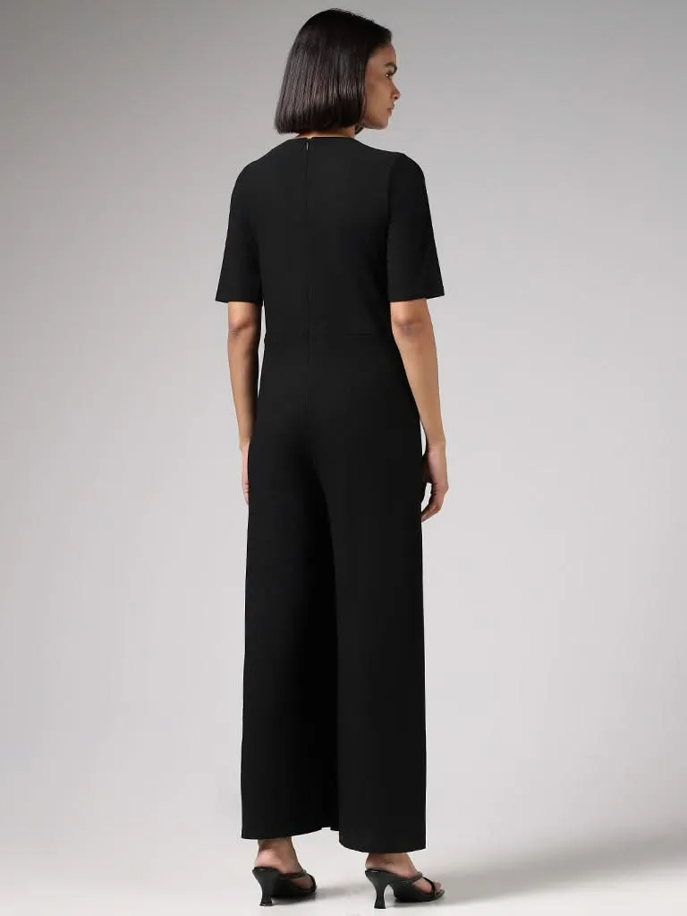 Wardrobe Solid Black V-Neck Jumpsuit