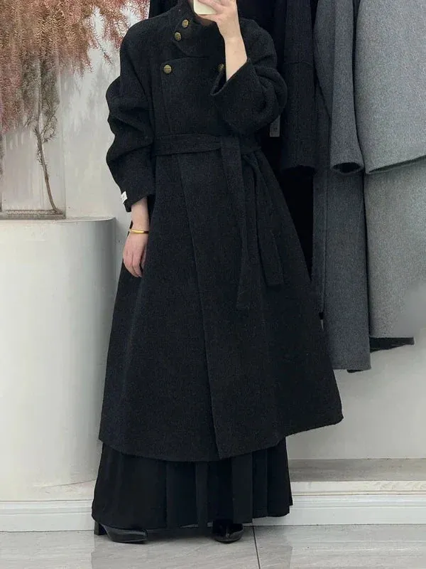 Wenkouban-Winter outfits Christmas Black Friday Stand Neck Single Breasted Warm Maxi Wool Coat with Belt