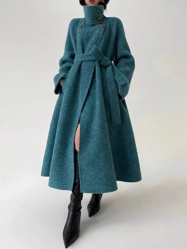 Wenkouban-Winter outfits Christmas Black Friday Stand Neck Single Breasted Warm Maxi Wool Coat with Belt