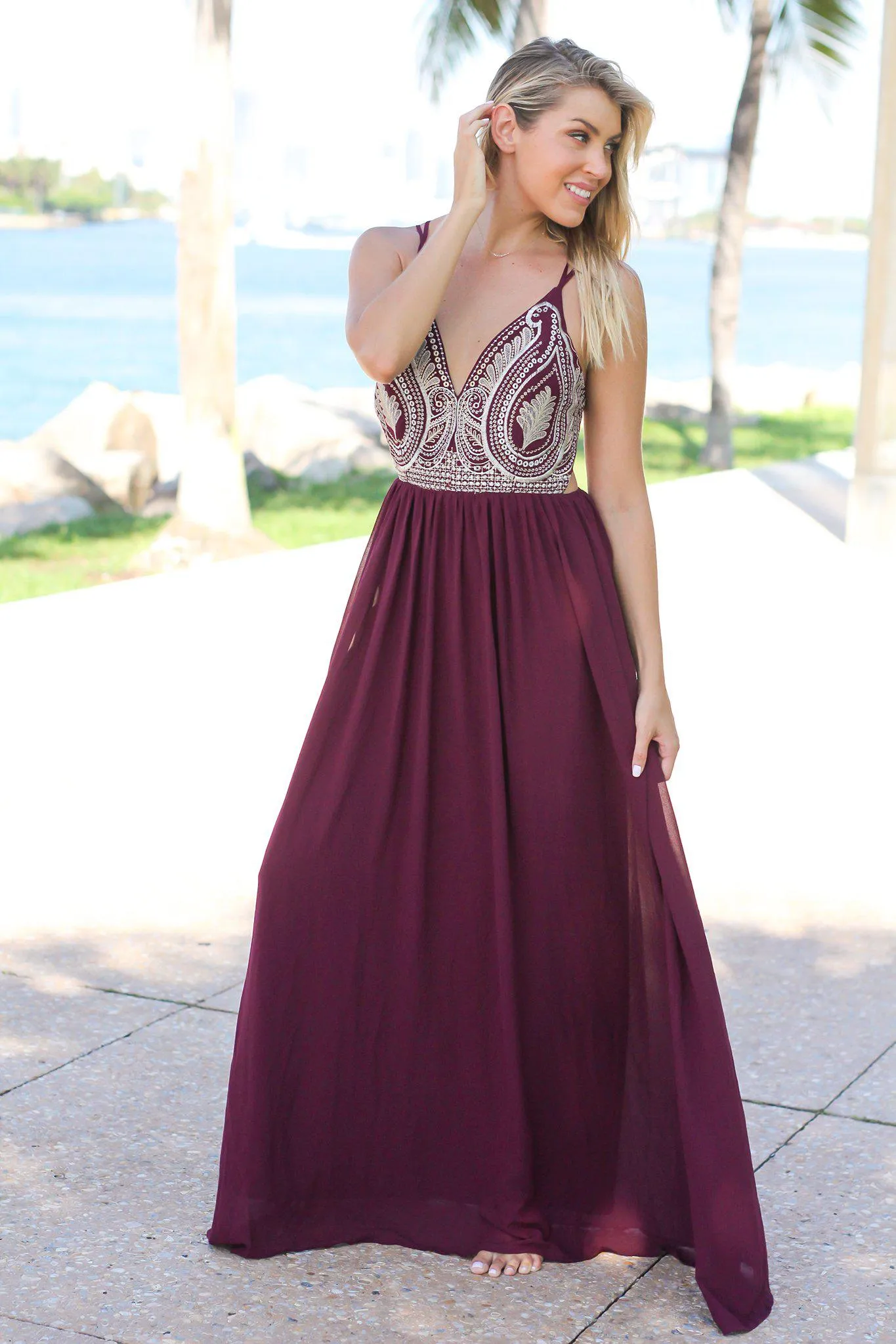 Wine Maxi Dress with Embroidered Top