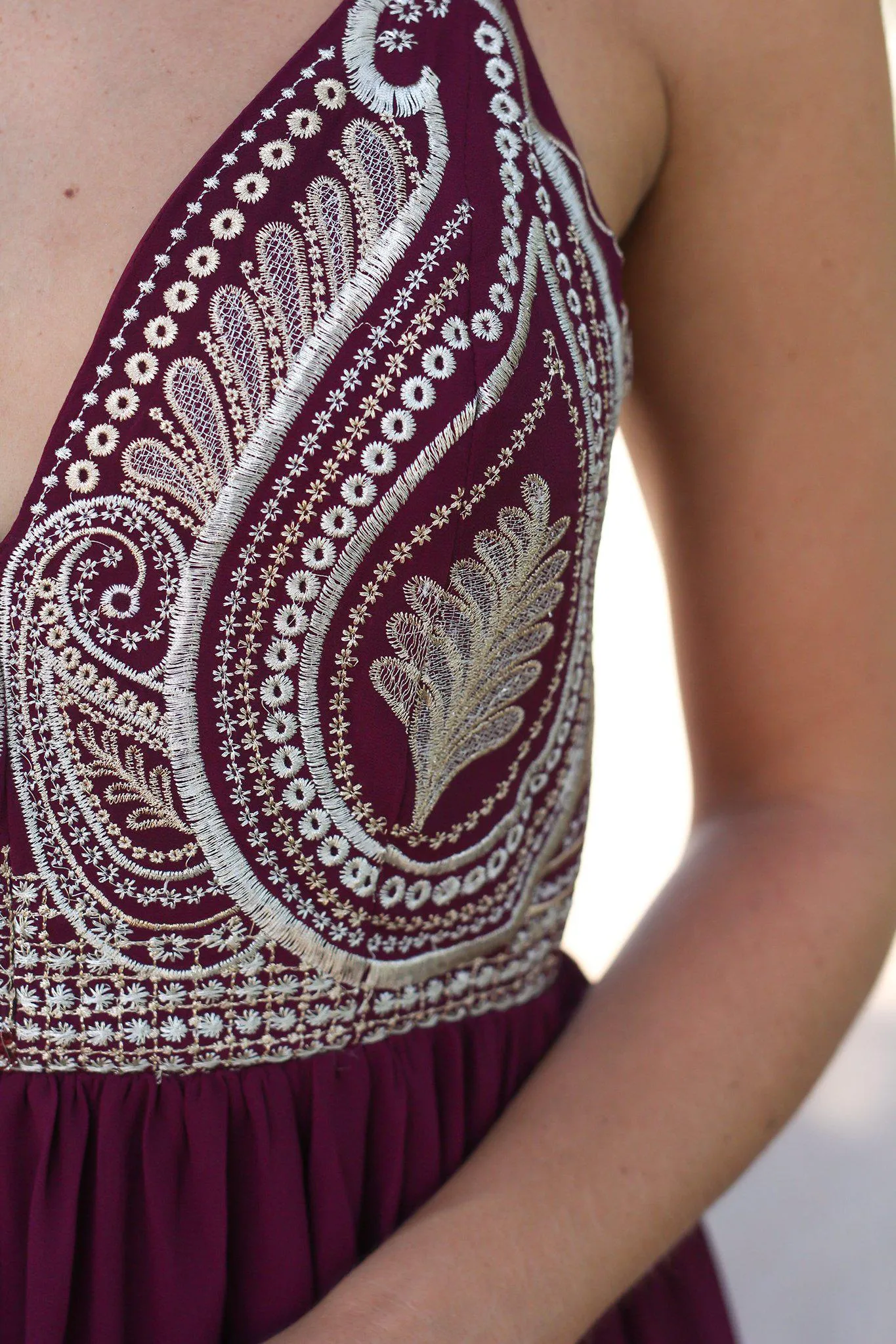 Wine Maxi Dress with Embroidered Top