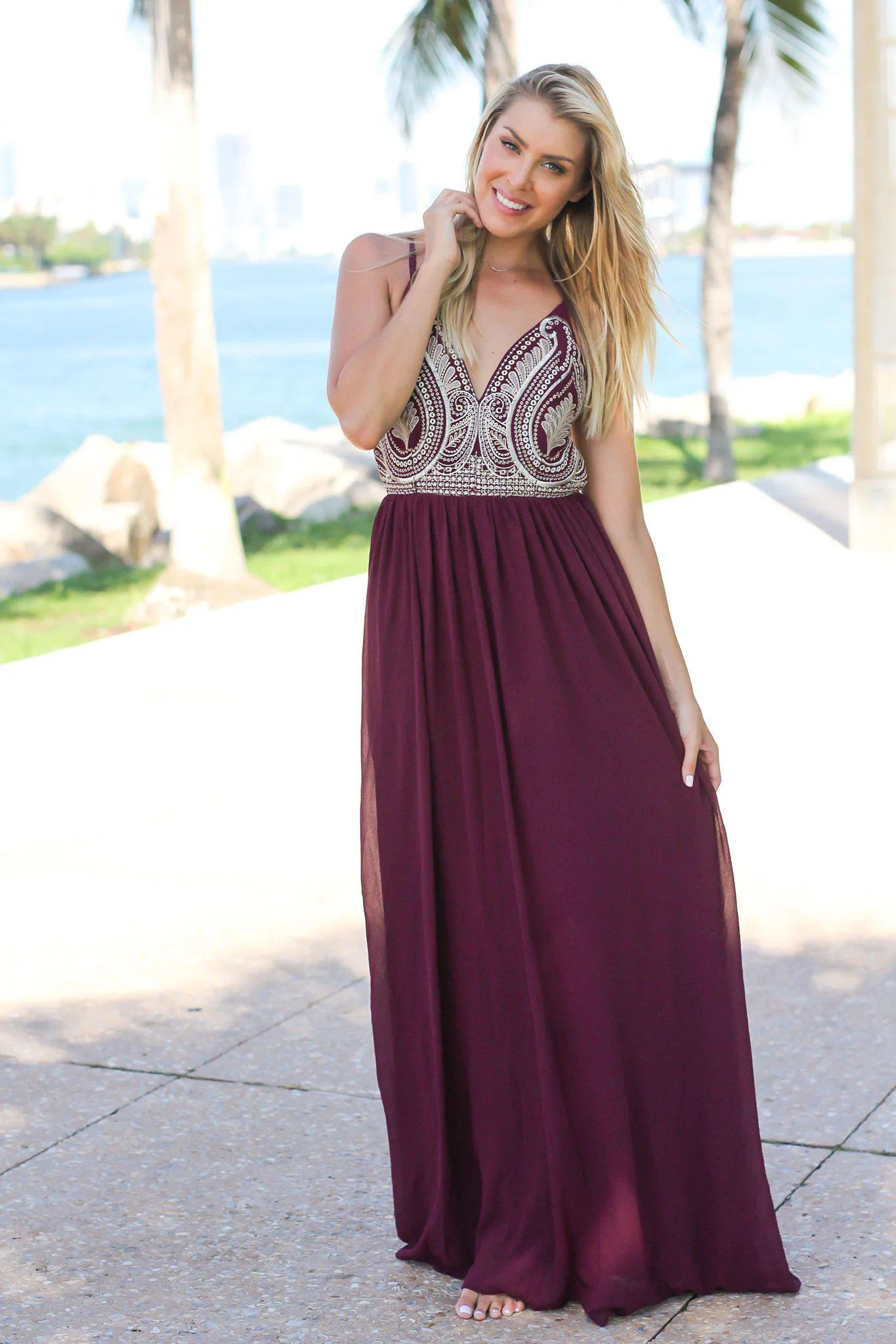 Wine Maxi Dress with Embroidered Top