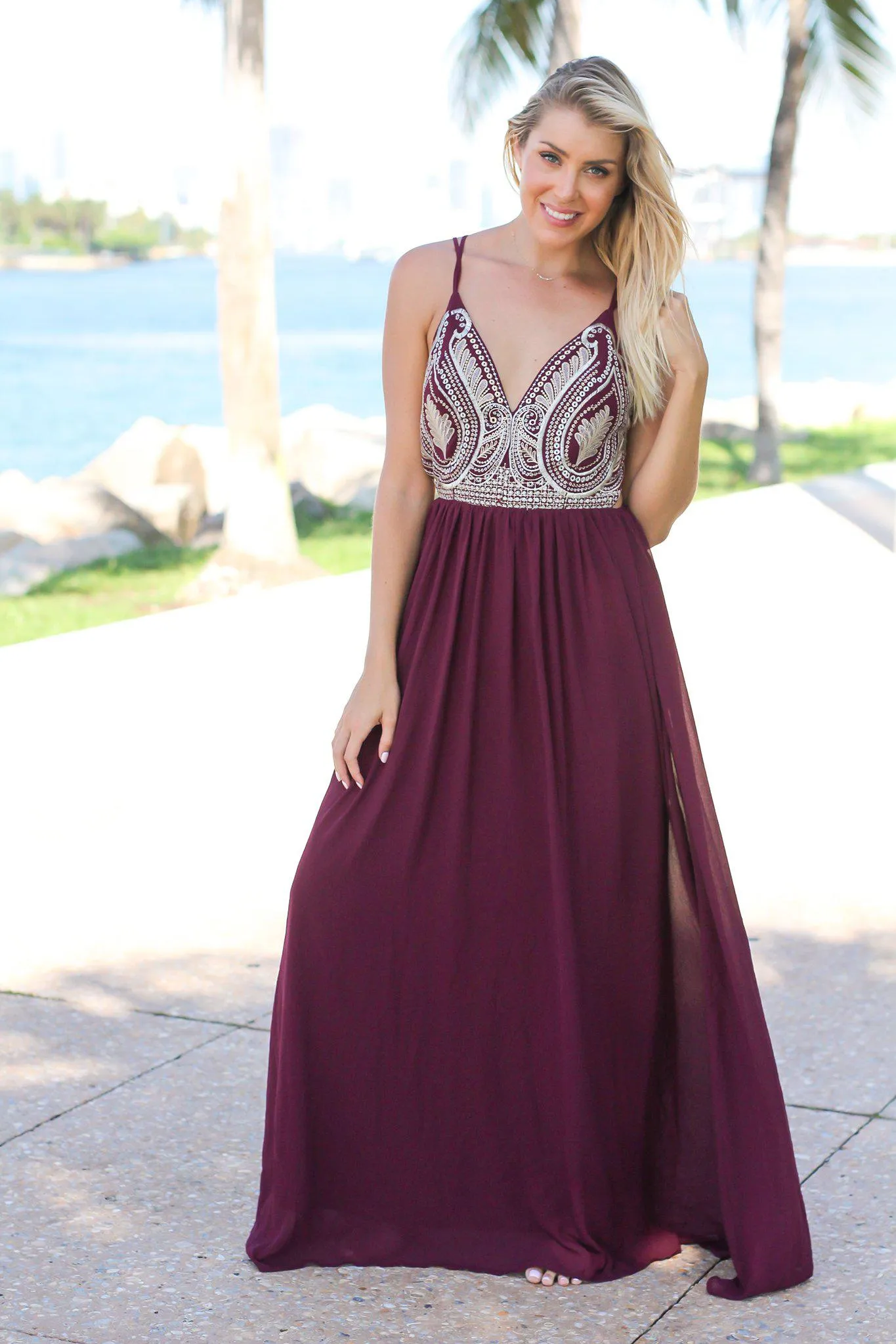 Wine Maxi Dress with Embroidered Top