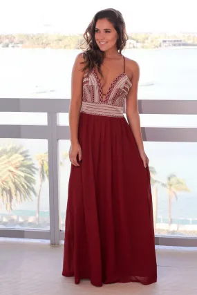 Wine Maxi Dress with Gold Embroidered Top