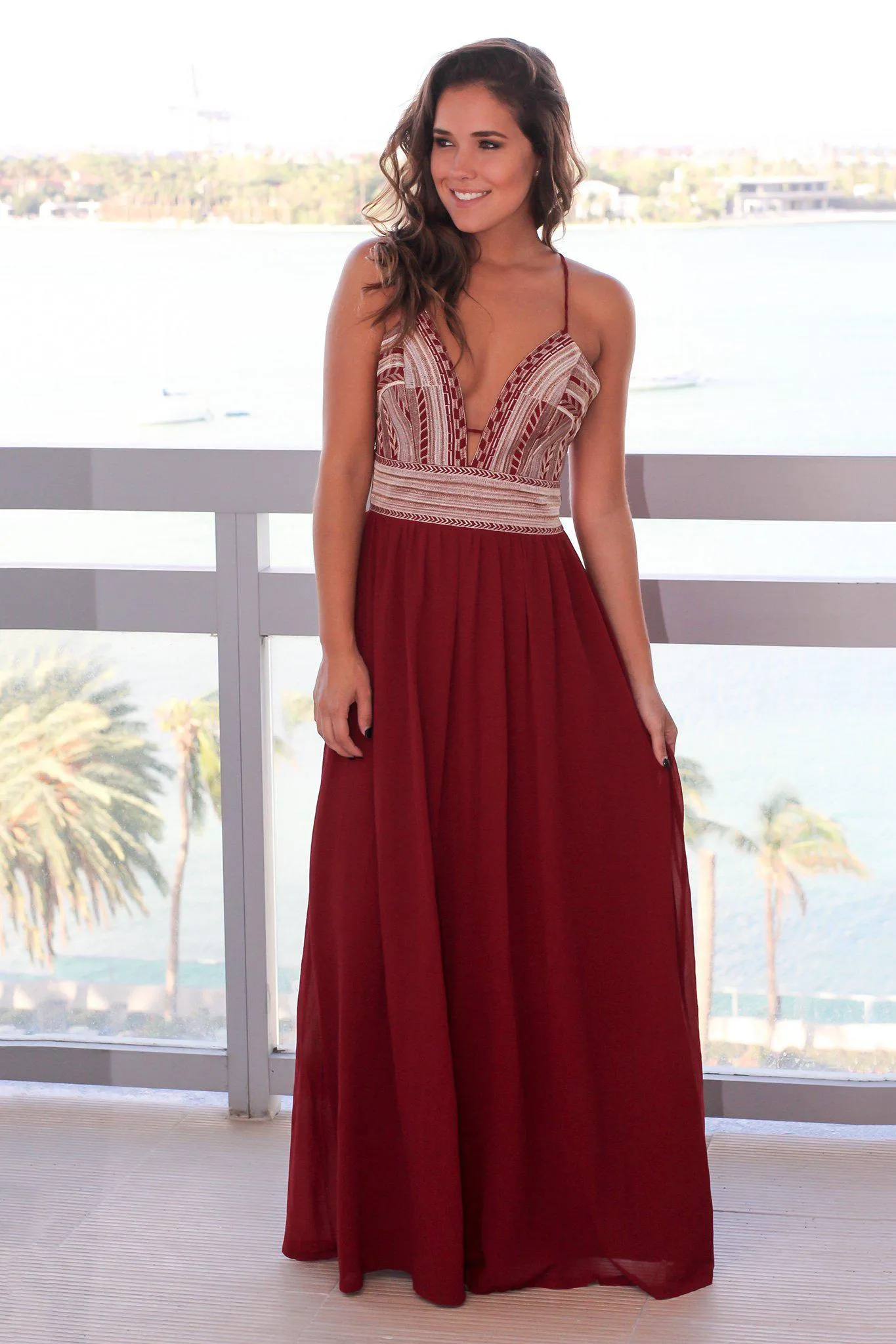 Wine Maxi Dress with Gold Embroidered Top