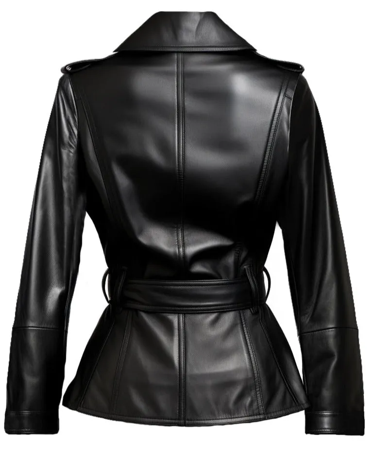 Women Black Leather Winter Coat Belted Style