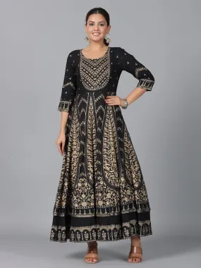 Women Black Rayon Printed Anarkali Dress