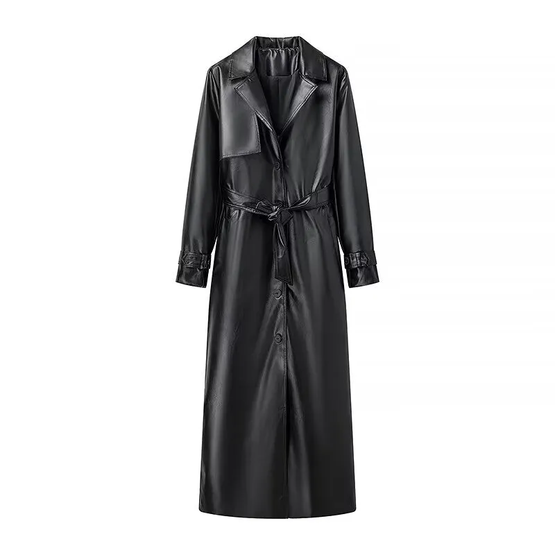 Women Clothing French Faux Leather Faux Leather Black Tie Loose Long Trench Coat