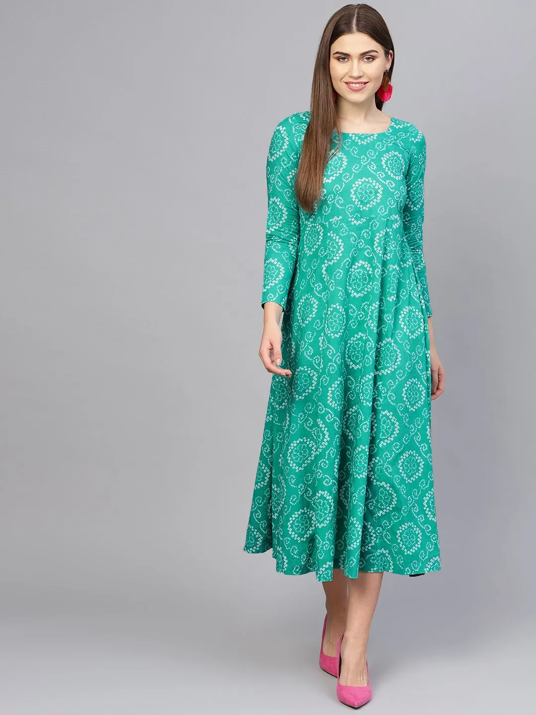 Women Green & White Printed Maxi Dress