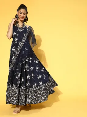 Women Navy Blue & White Ethnic Motifs Shoulder Straps Ruffles Dupatta Maxi Dress